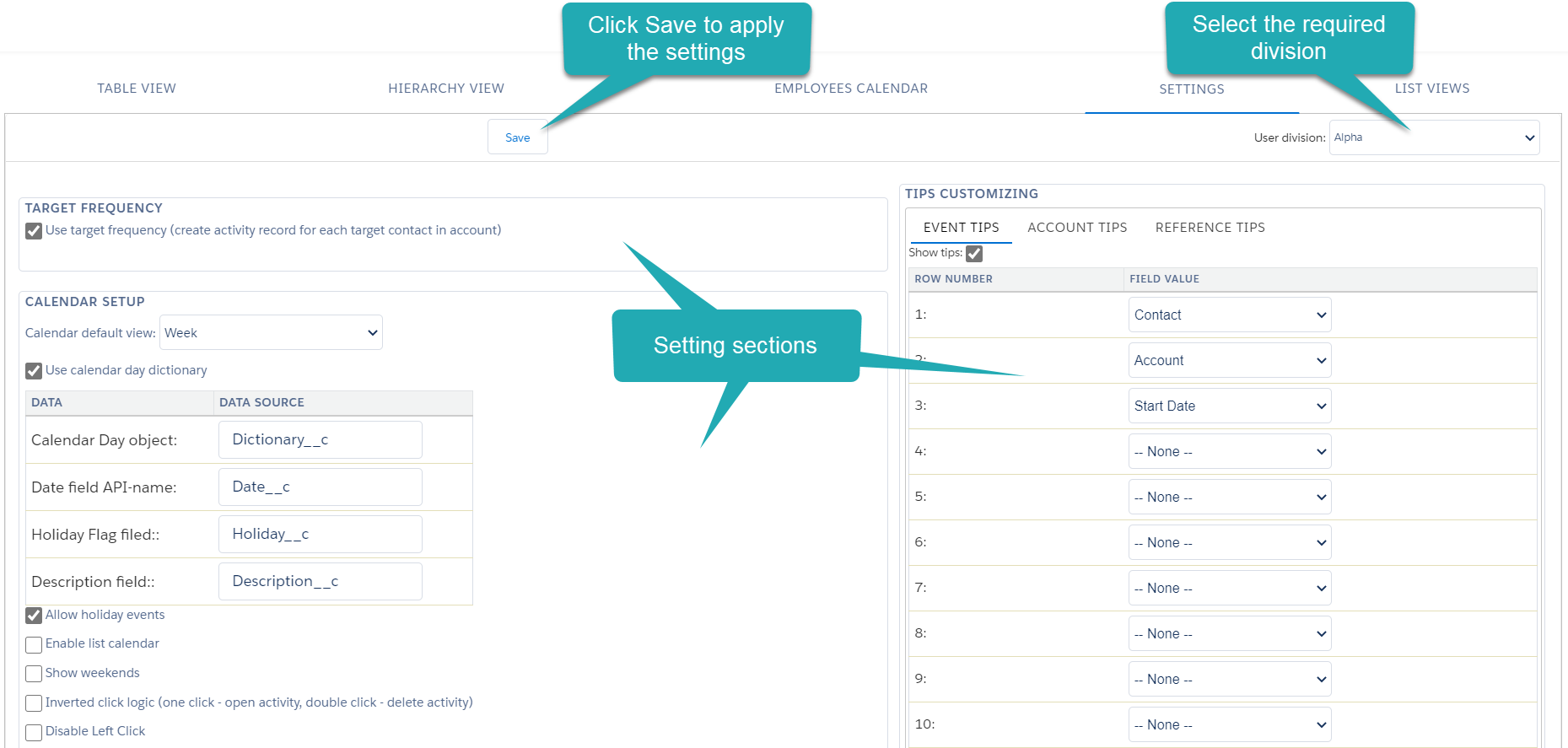 Settings Tab Interface