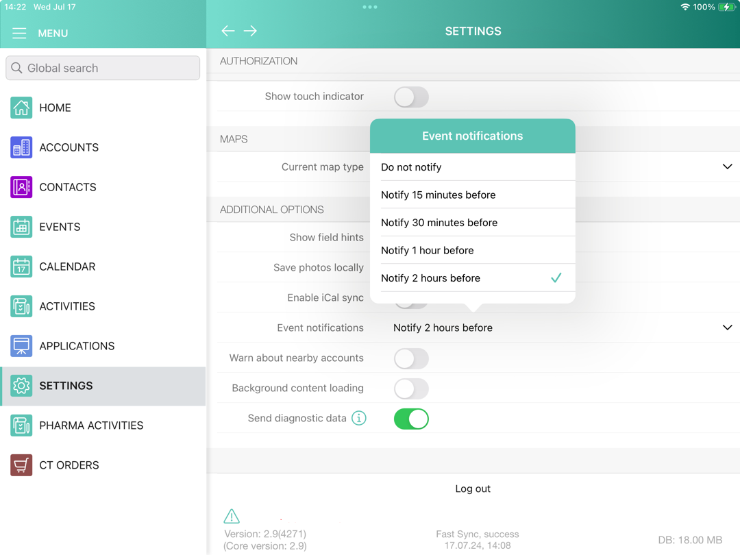 settings event notifications