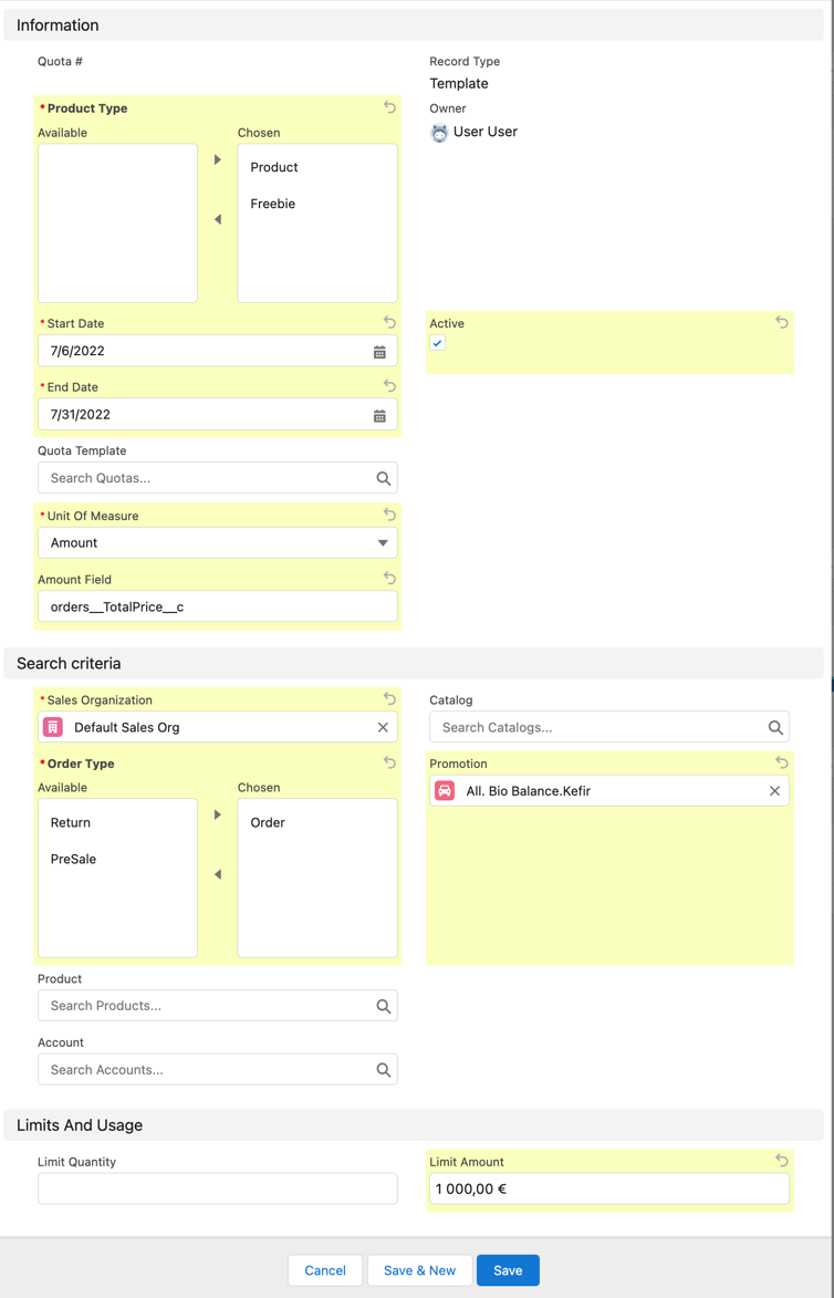 6.3 Quota Template for a Promotion