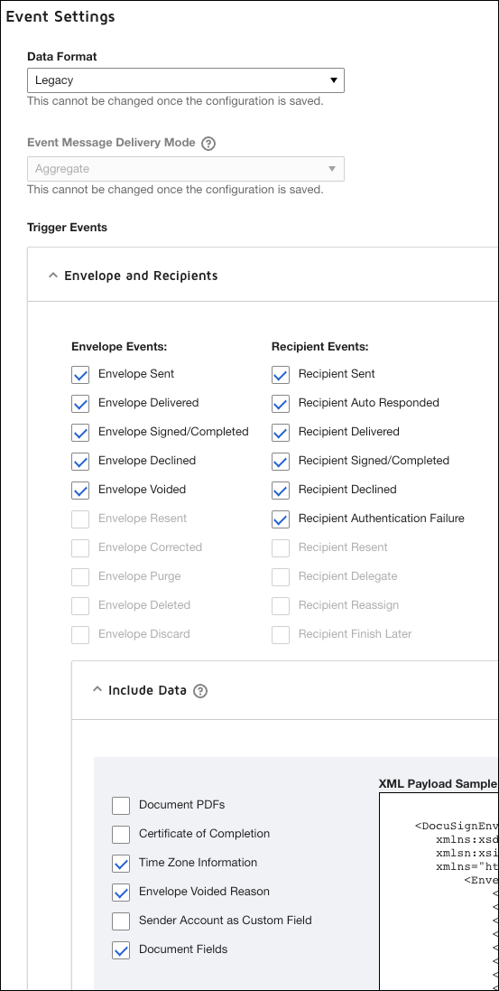 docusign event settings